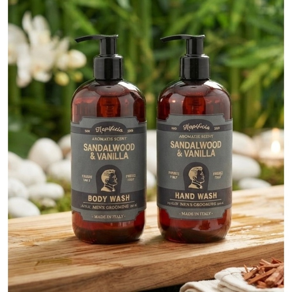 Hopificio Body & Hand Wash Mens 19.6oz Brown New Sandalwood Vanilla Italy 2pk